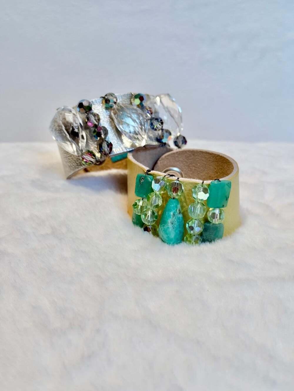 Set of 2 Rachel Abroms Leather Cuff Bracelets w/ Beads Crystals / silver and yel